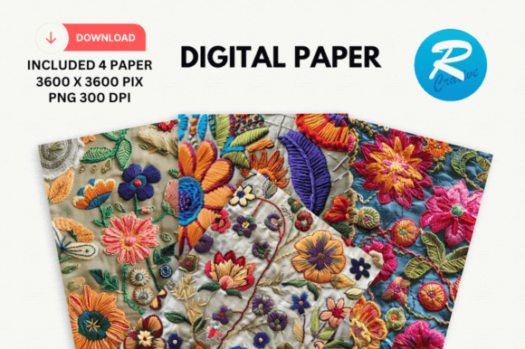 3D Embroidered Flowers Digital Paper: Elevate Your Designs