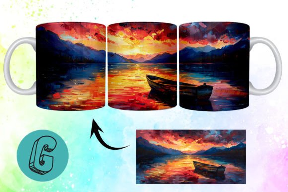 3D Oil Paint Lonely Boat Mug Wrap 03