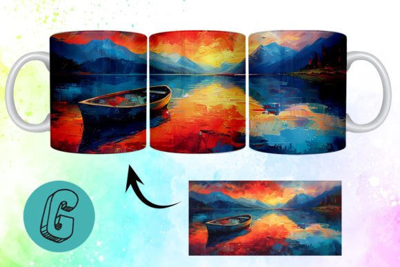 3D Oil Paint Lonely Boat Mug Wrap 05: Creative Design Asset