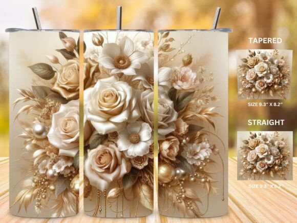 3D Pearl Gold Roses Flowers Tumbler Wrap: Digital Art