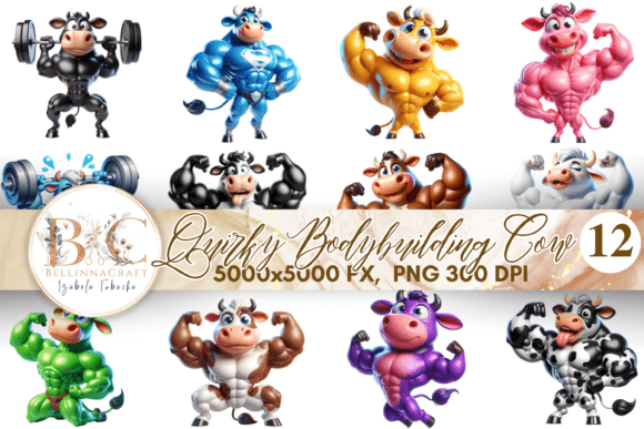 Quirky Bodybuilding Cow 3D Cartoon: Creative Clipart
